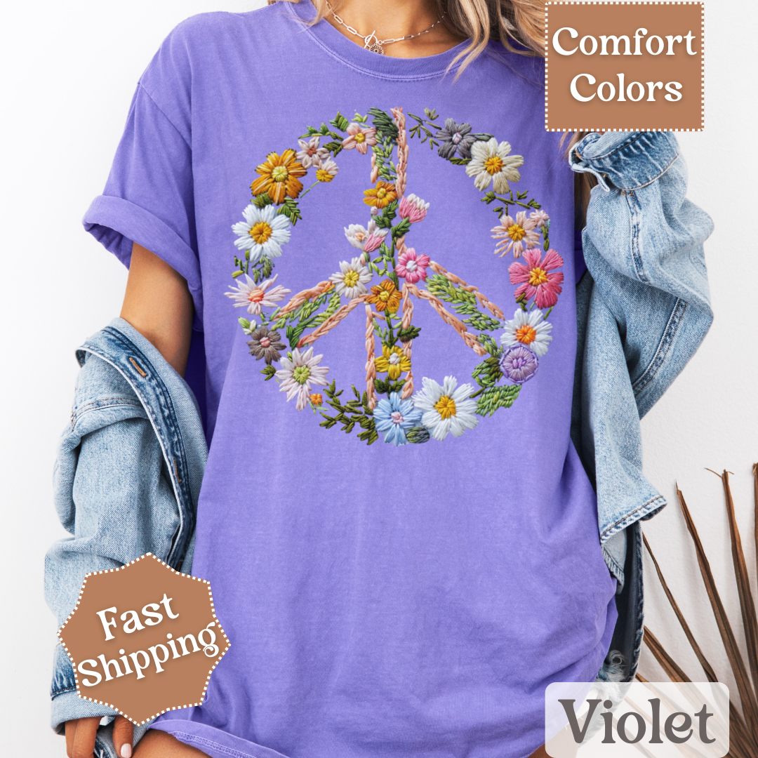 Floral Peace Sign Printed T-Shirt, Peace Sign With Flowers Tee, Hippie Shirt for Women