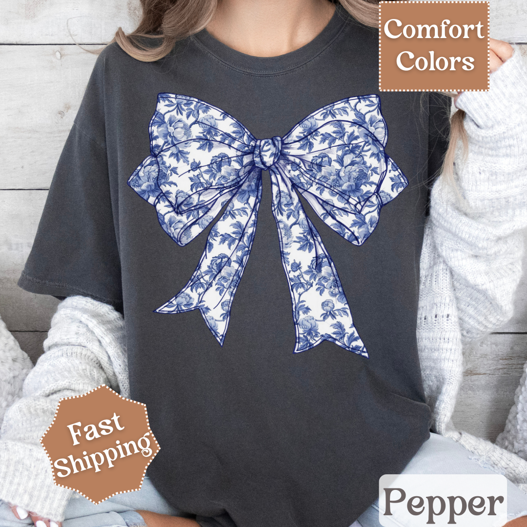 Blue & White Coquette Bow T-Shirt with Flowers, Floral Coquette Bow Tee, Tshirt for Women