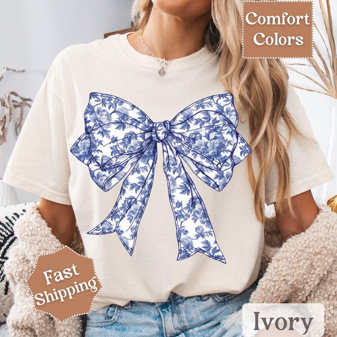 Blue & White Coquette Bow T-Shirt with Flowers, Floral Coquette Bow Tee, Tshirt for Women