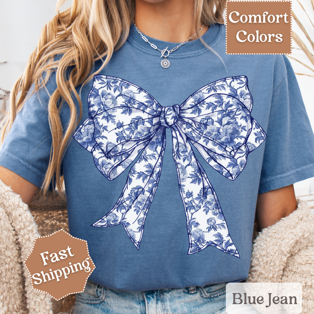 Blue & White Coquette Bow T-Shirt with Flowers, Floral Coquette Bow Tee, Tshirt for Women
