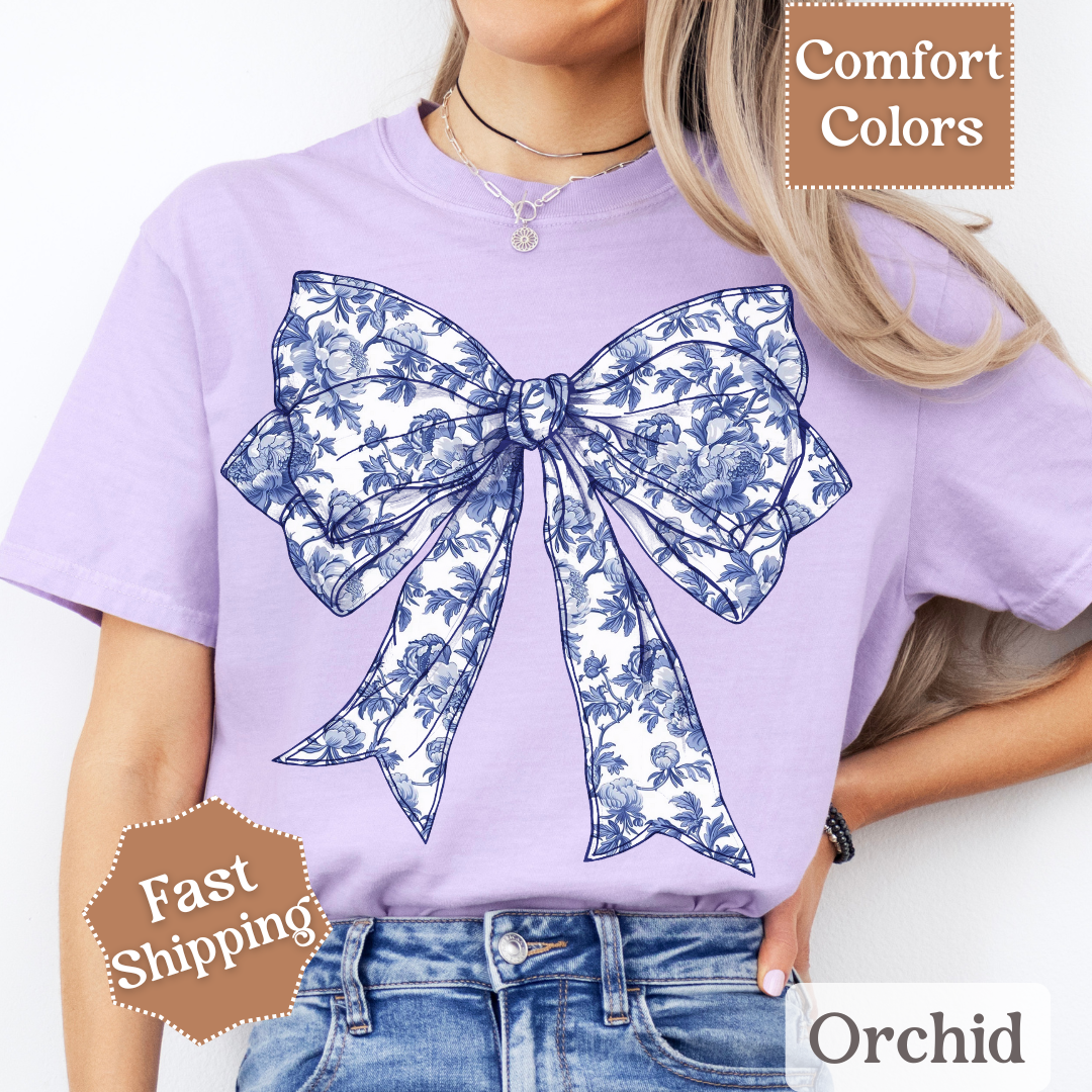 Blue & White Coquette Bow T-Shirt with Flowers, Floral Coquette Bow Tee, Tshirt for Women