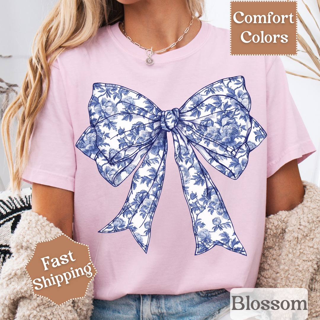 Blue & White Coquette Bow T-Shirt with Flowers, Floral Coquette Bow Tee, Tshirt for Women