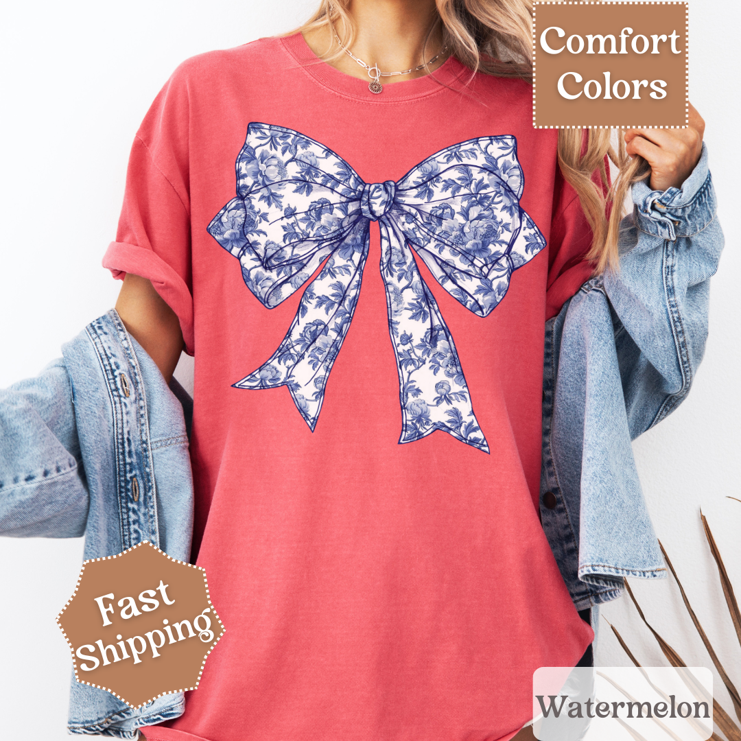 Blue & White Coquette Bow T-Shirt with Flowers, Floral Coquette Bow Tee, Tshirt for Women