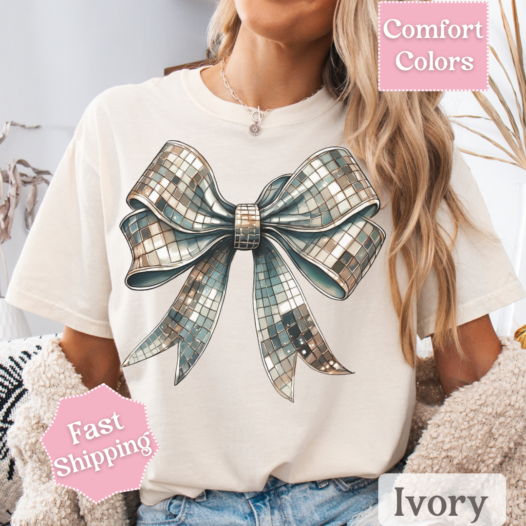 Disco Ball Bow T-Shirt, Coquette Bow Tee, Groovy Shirt for Women