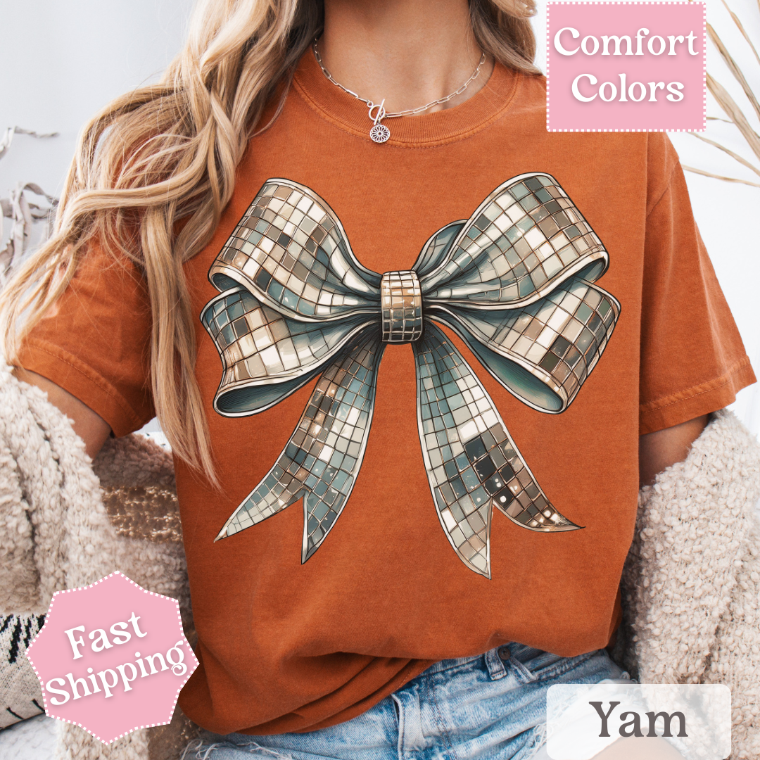 Disco Ball Bow T-Shirt, Coquette Bow Tee, Groovy Shirt for Women