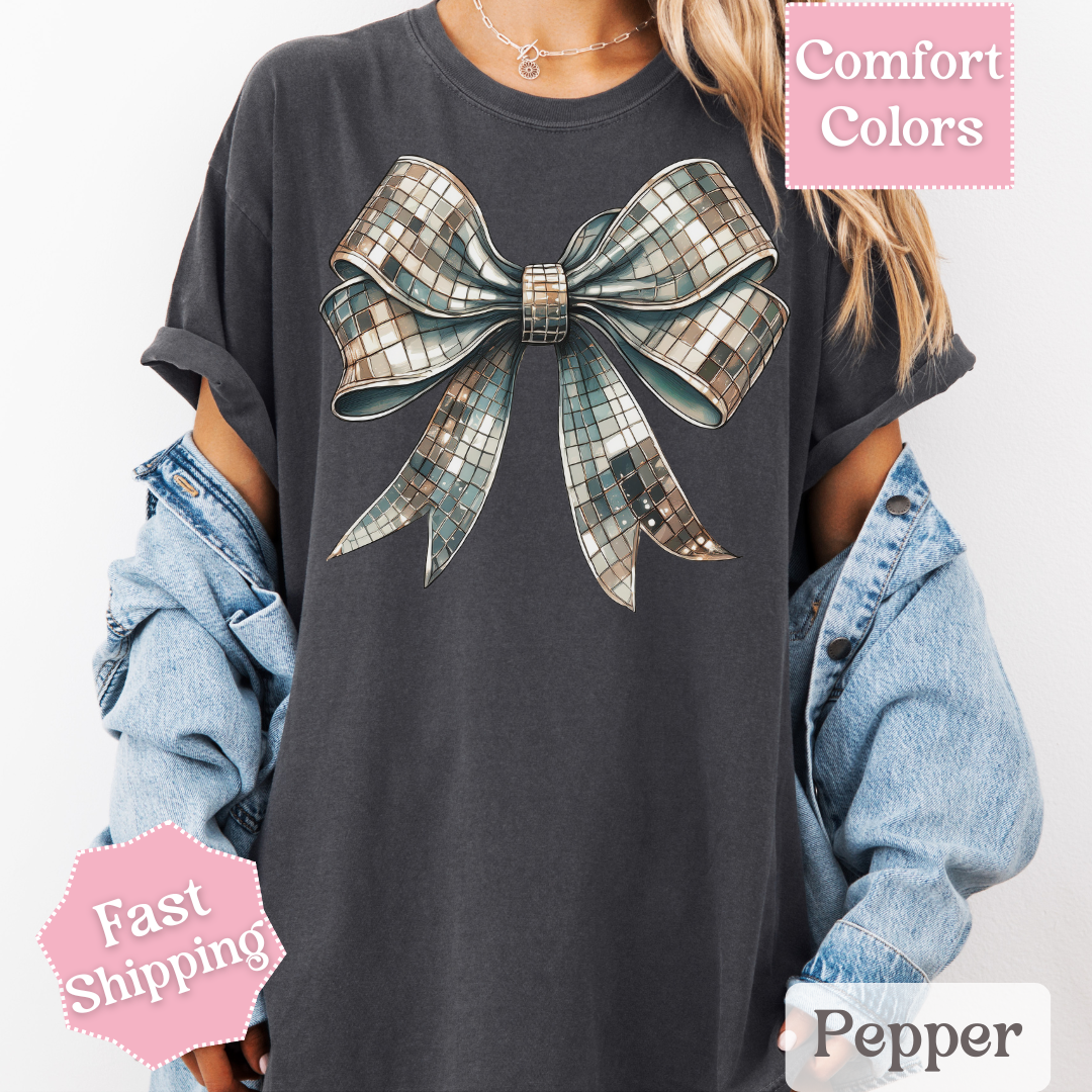 Disco Ball Bow T-Shirt, Coquette Bow Tee, Groovy Shirt for Women
