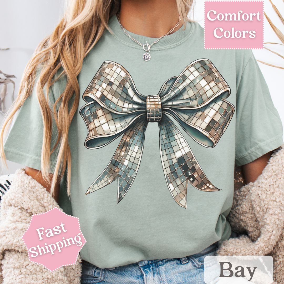 Disco Ball Bow T-Shirt, Coquette Bow Tee, Groovy Shirt for Women