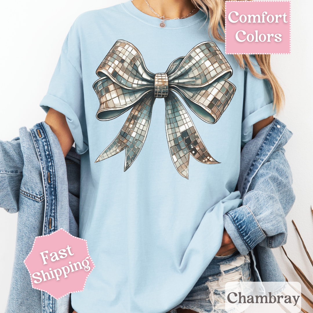 Disco Ball Bow T-Shirt, Coquette Bow Tee, Groovy Shirt for Women