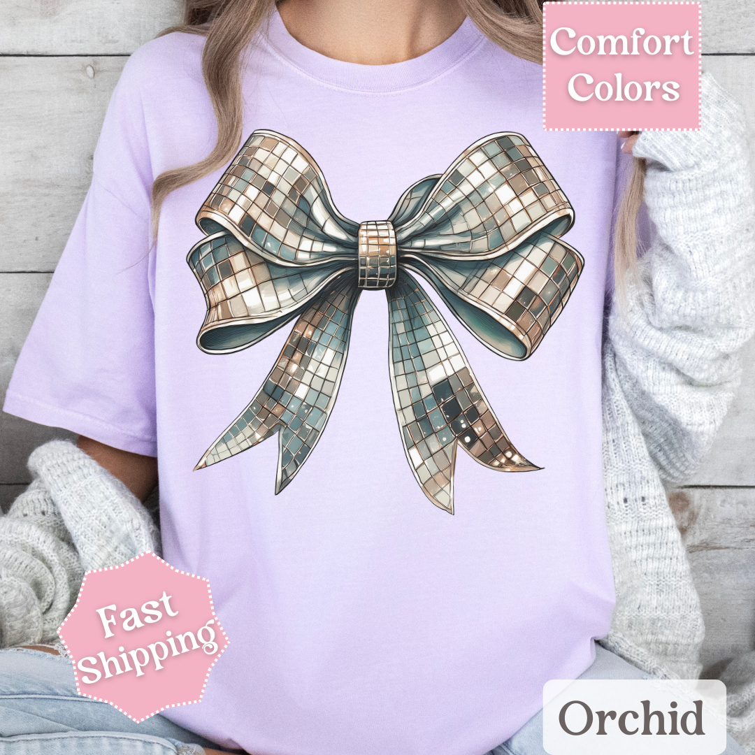 Disco Ball Bow T-Shirt, Coquette Bow Tee, Groovy Shirt for Women