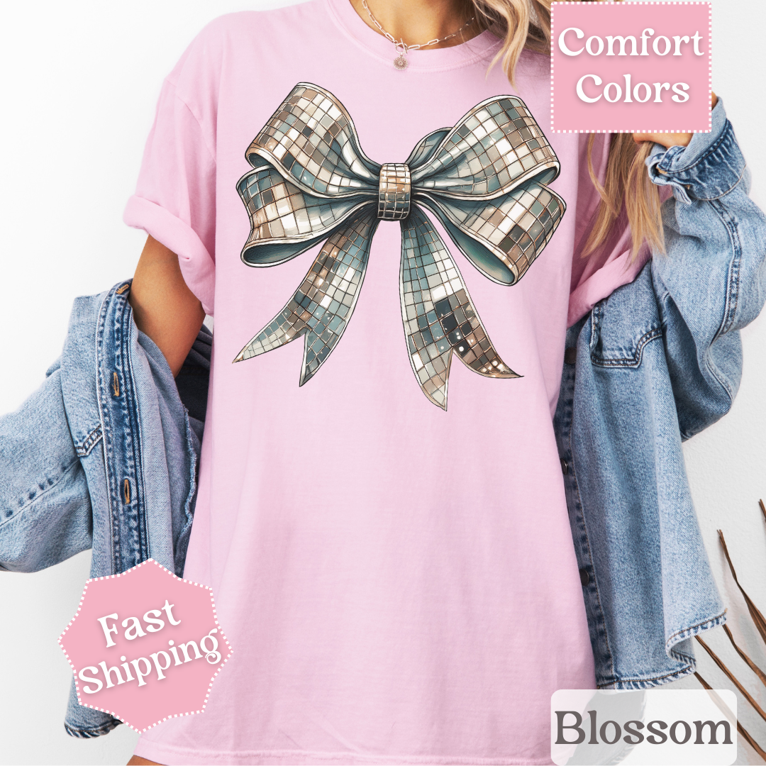 Disco Ball Bow T-Shirt, Coquette Bow Tee, Groovy Shirt for Women