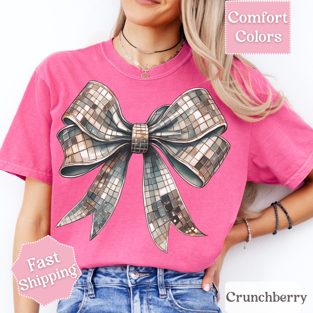 Disco Ball Bow T-Shirt, Coquette Bow Tee, Groovy Shirt for Women