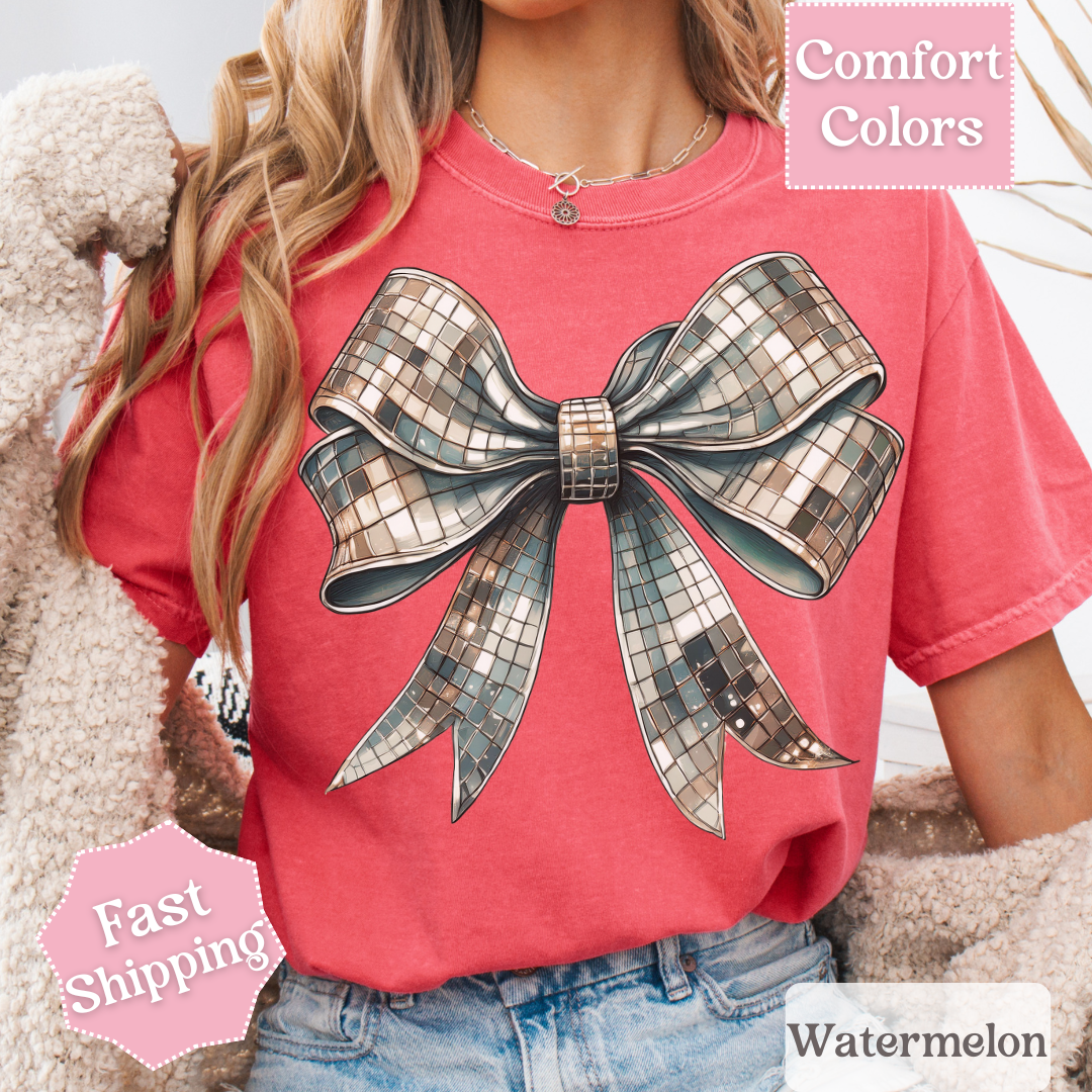 Disco Ball Bow T-Shirt, Coquette Bow Tee, Groovy Shirt for Women