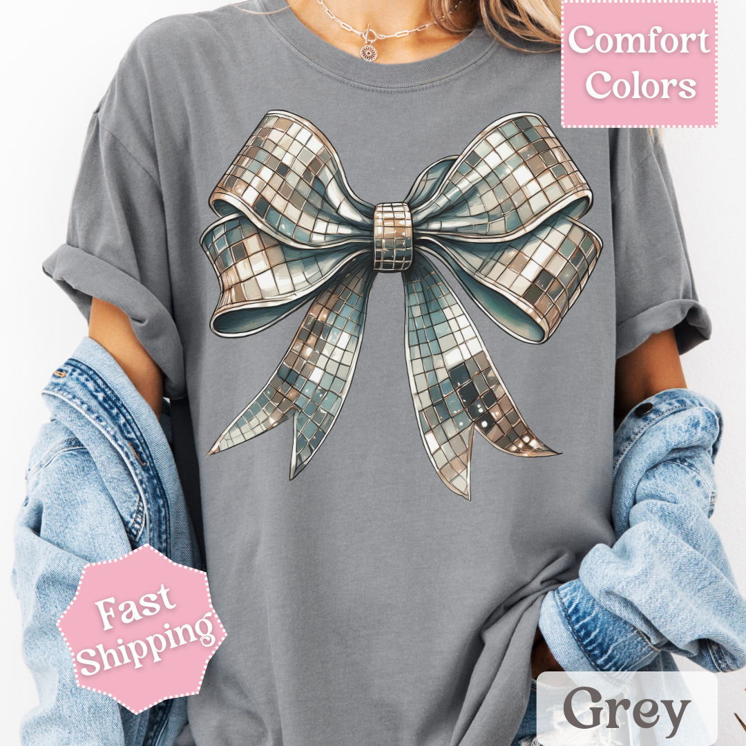 Disco Ball Bow T-Shirt, Coquette Bow Tee, Groovy Shirt for Women