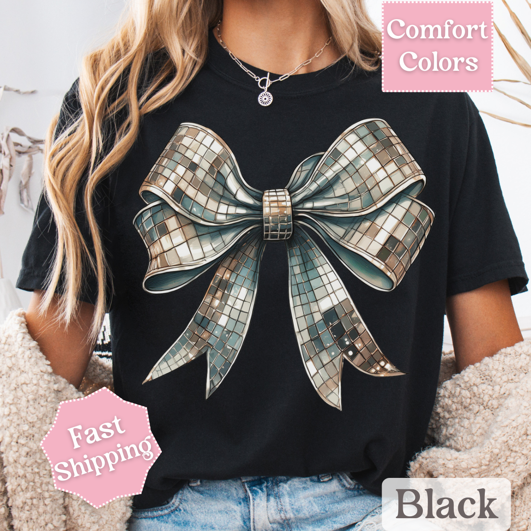 Disco Ball Bow T-Shirt, Coquette Bow Tee, Groovy Shirt for Women