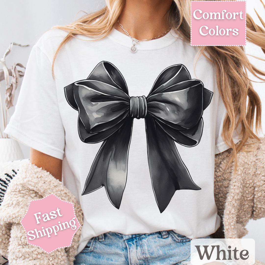 Black Bow Printed T-Shirt, Coquette Bow Tee, Cute Shirt for Women