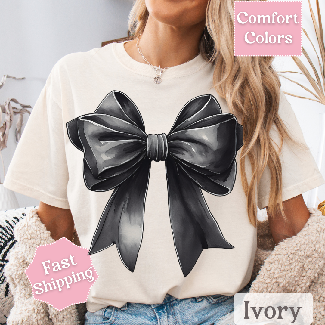 Black Bow Printed T-Shirt, Coquette Bow Tee, Cute Shirt for Women