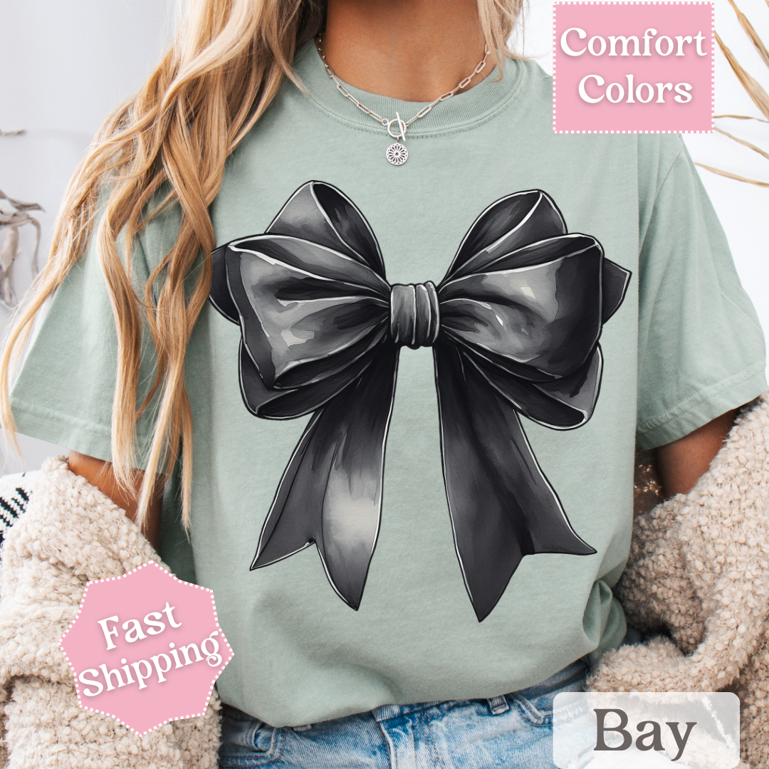 Black Bow Printed T-Shirt, Coquette Bow Tee, Cute Shirt for Women