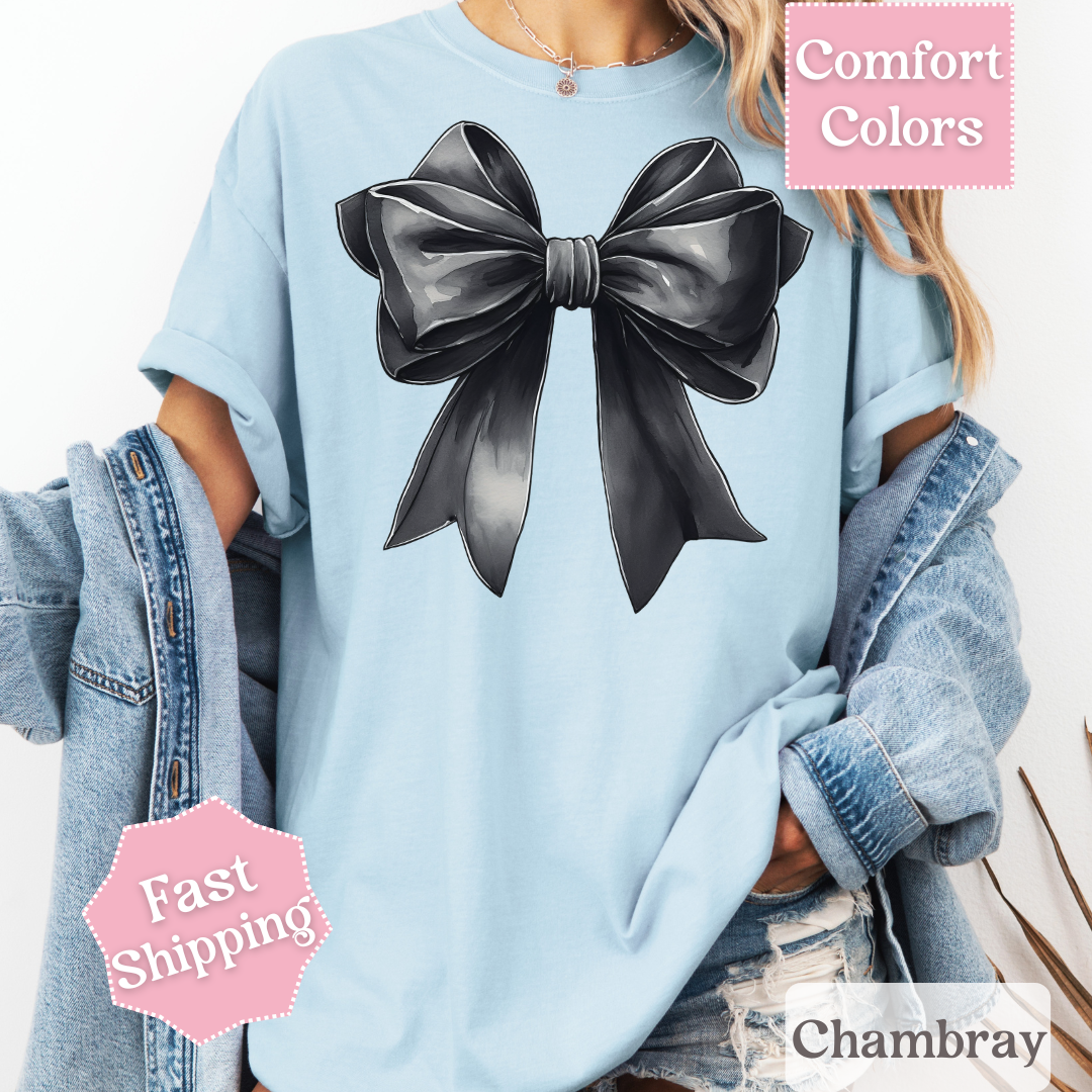 Black Bow Printed T-Shirt, Coquette Bow Tee, Cute Shirt for Women