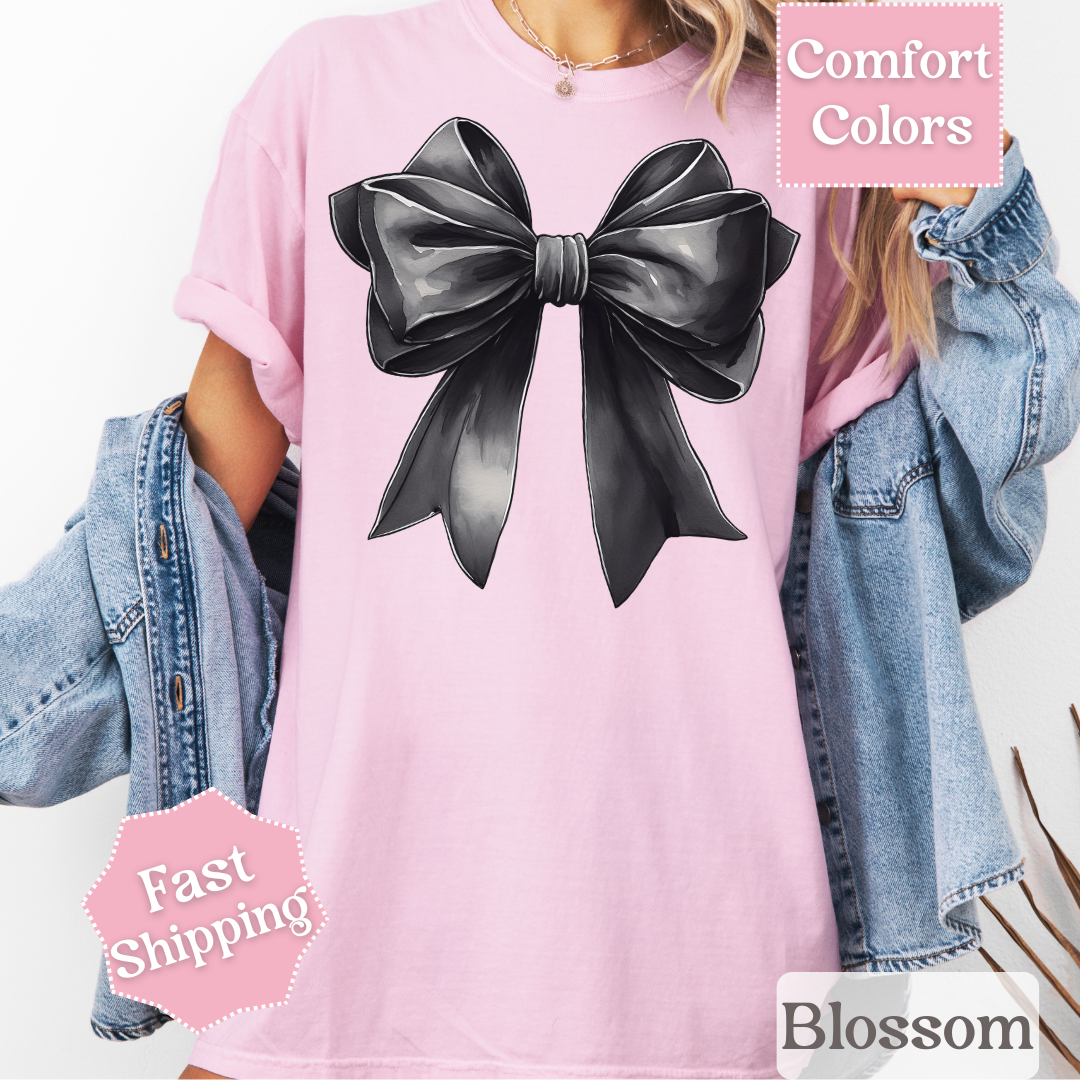 Black Bow Printed T-Shirt, Coquette Bow Tee, Cute Shirt for Women