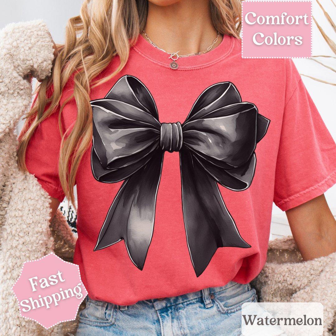 Black Bow Printed T-Shirt, Coquette Bow Tee, Cute Shirt for Women