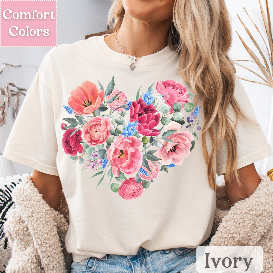 Floral Heart T-Shirt, Botanical Heart Tee, Spring Shirt for Women