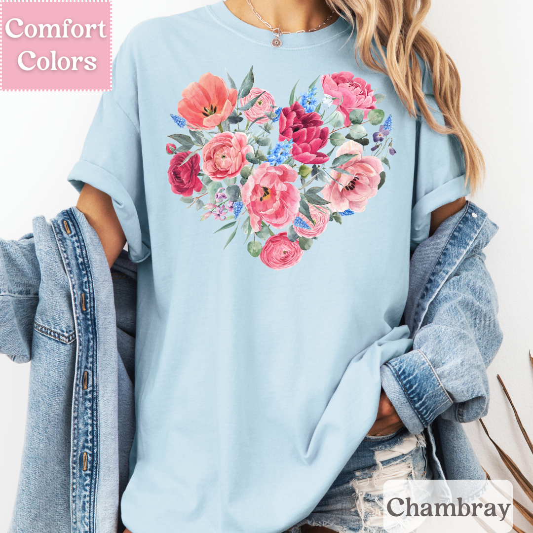 Floral Heart T-Shirt, Botanical Heart Tee, Spring Shirt for Women