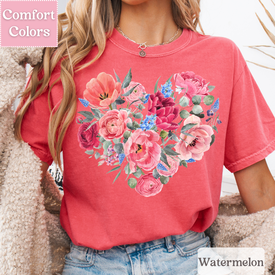Floral Heart T-Shirt, Botanical Heart Tee, Spring Shirt for Women