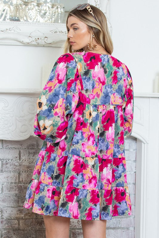 Multicolour Floral Tie Neck Shift Dress