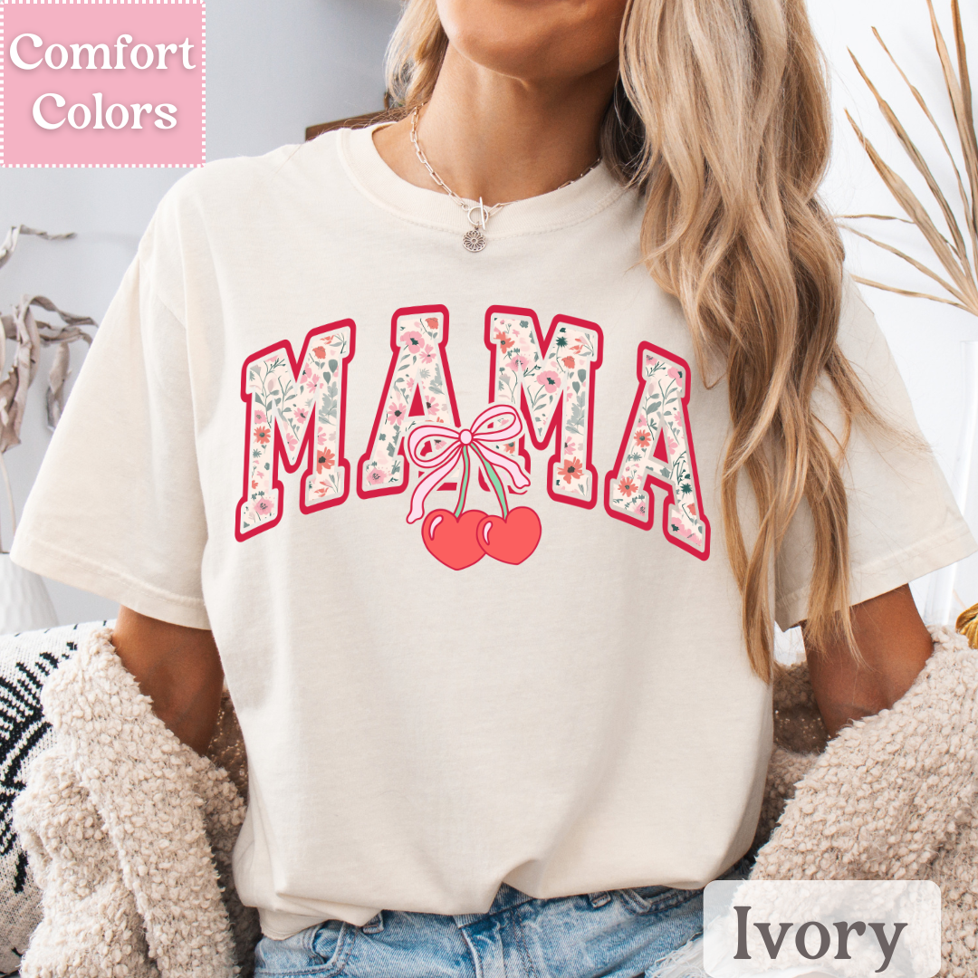 Mama Floral T-Shirt with Coquette Bow, Cherry Tee for Moms, Mom Shirt with Flowers For Women
