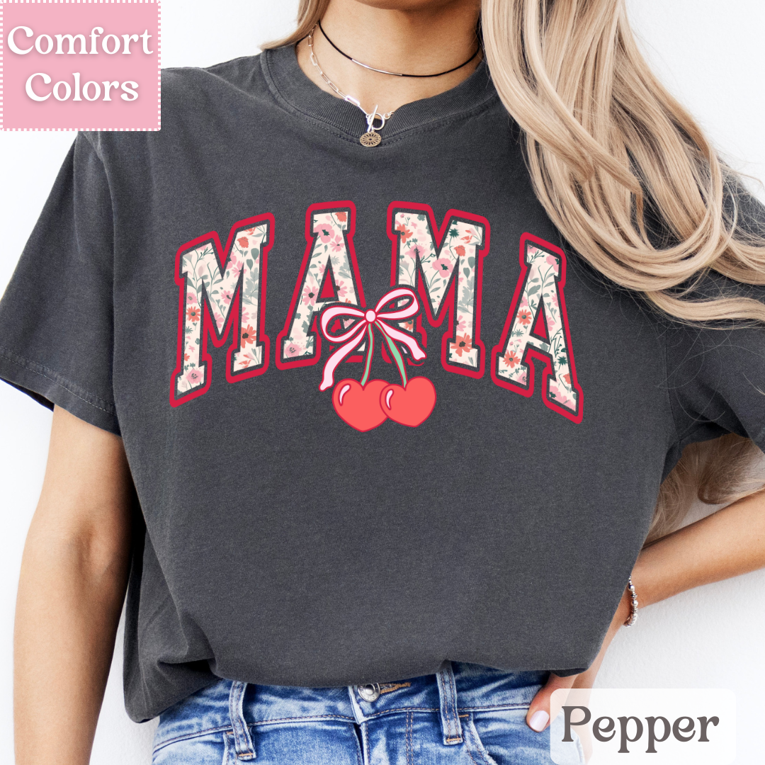 Mama Floral T-Shirt with Coquette Bow, Cherry Tee for Moms, Mom Shirt with Flowers For Women