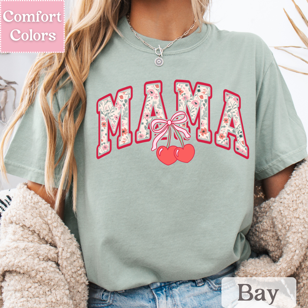 Mama Floral T-Shirt with Coquette Bow, Cherry Tee for Moms, Mom Shirt with Flowers For Women