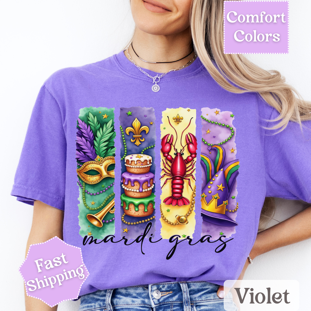 Retro Mardi Gras T-Shirt, Brushstroke Fleur De Lis Tee, Fat Tuesday Women&