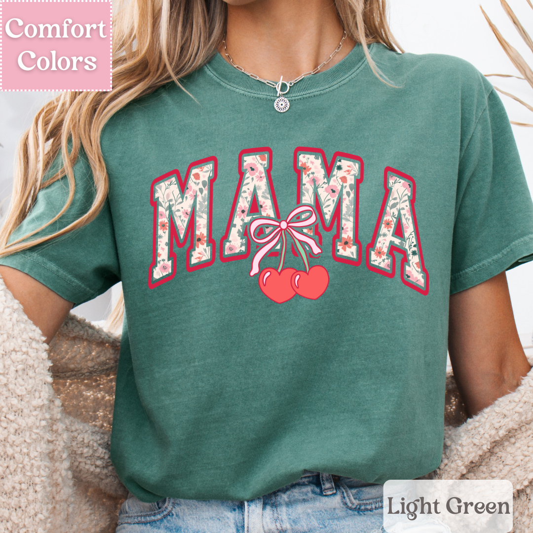 Mama Floral T-Shirt with Coquette Bow, Cherry Tee for Moms, Mom Shirt with Flowers For Women