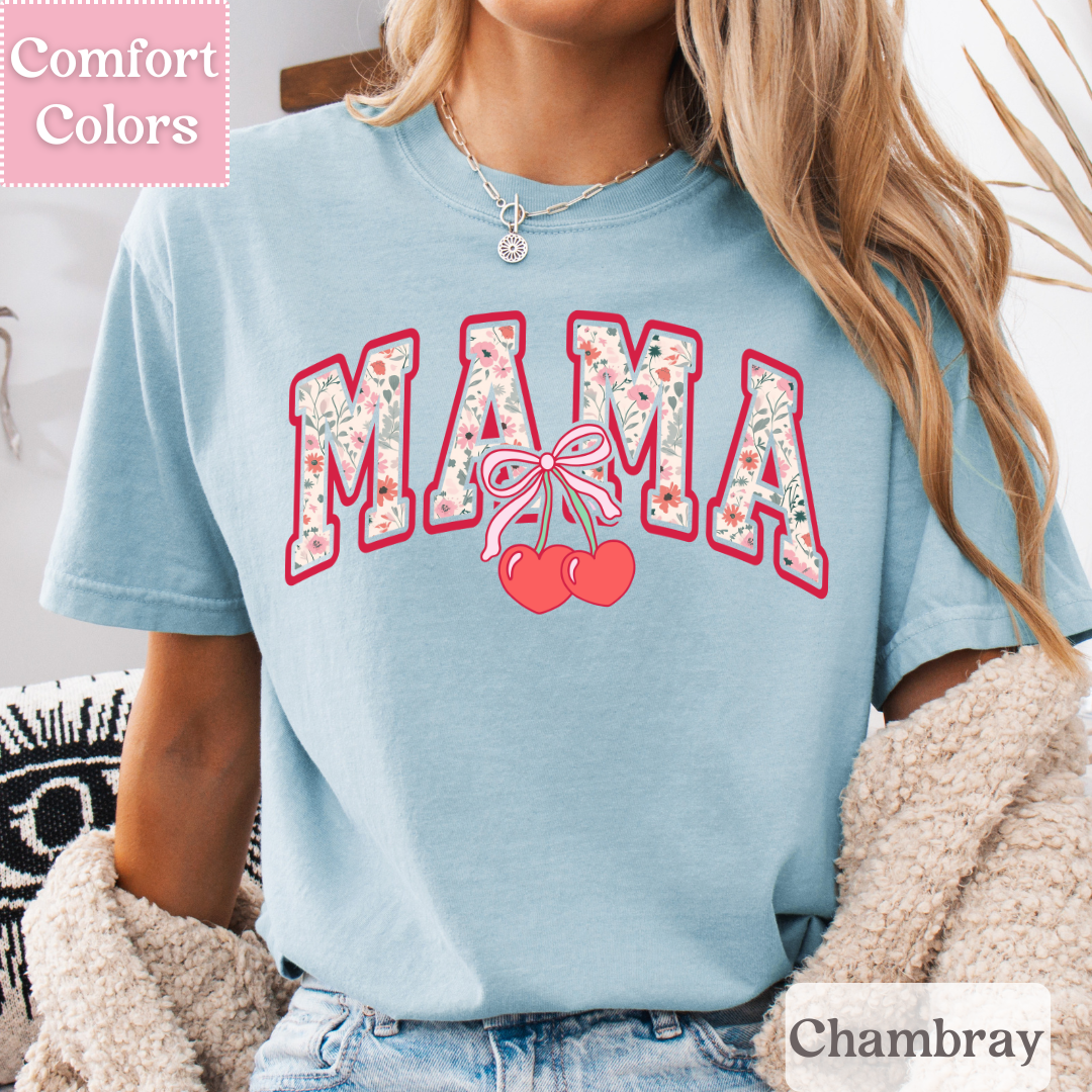 Mama Floral T-Shirt with Coquette Bow, Cherry Tee for Moms, Mom Shirt with Flowers For Women