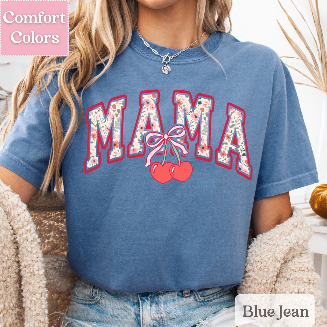 Mama Floral T-Shirt with Coquette Bow, Cherry Tee for Moms, Mom Shirt with Flowers For Women