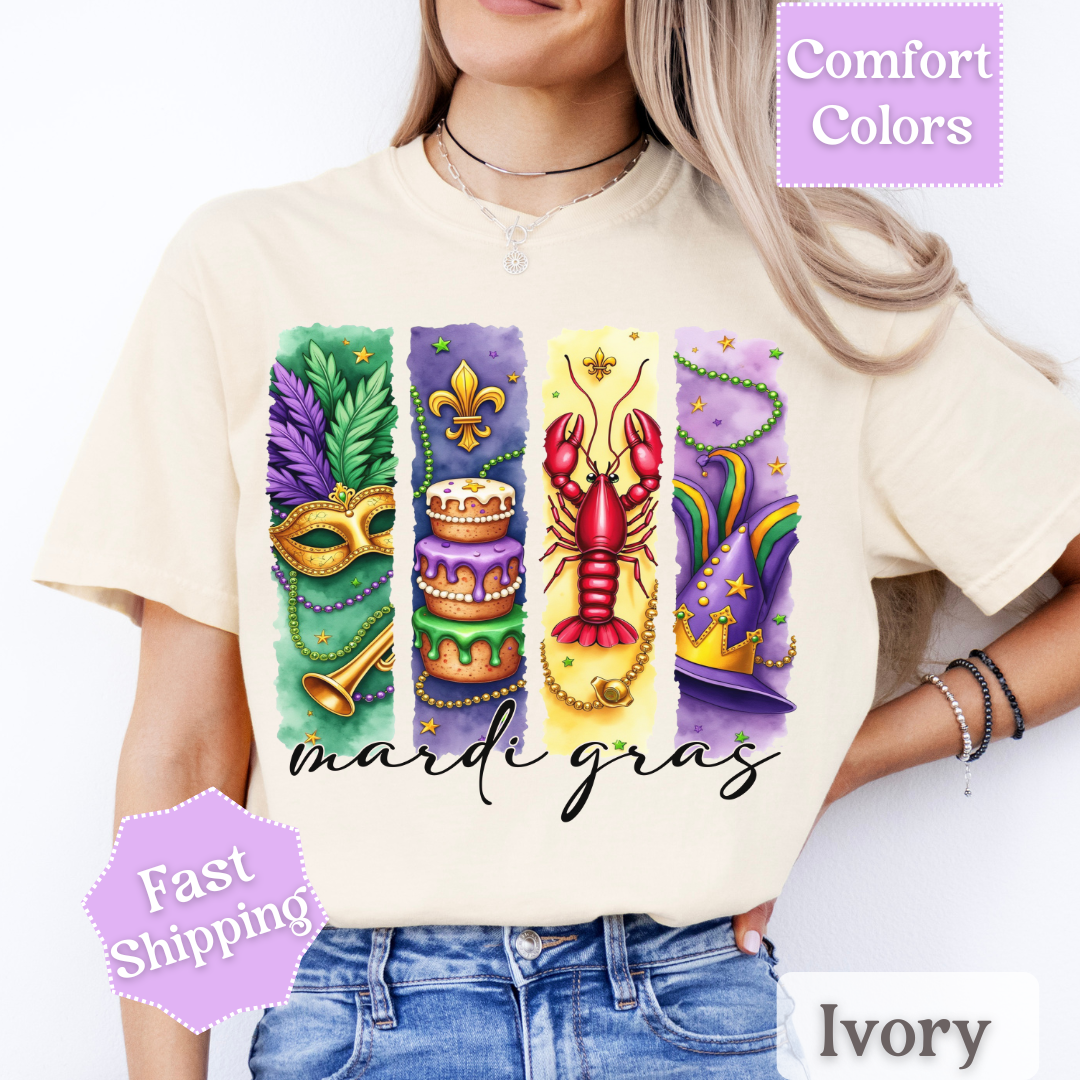 Retro Mardi Gras T-Shirt, Brushstroke Fleur De Lis Tee, Fat Tuesday Women&