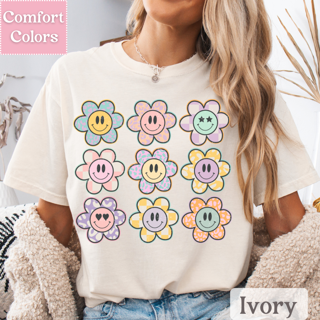 Smiley Face Tee with Daisies, Happy Face T-Shirt, Positive Smile Top