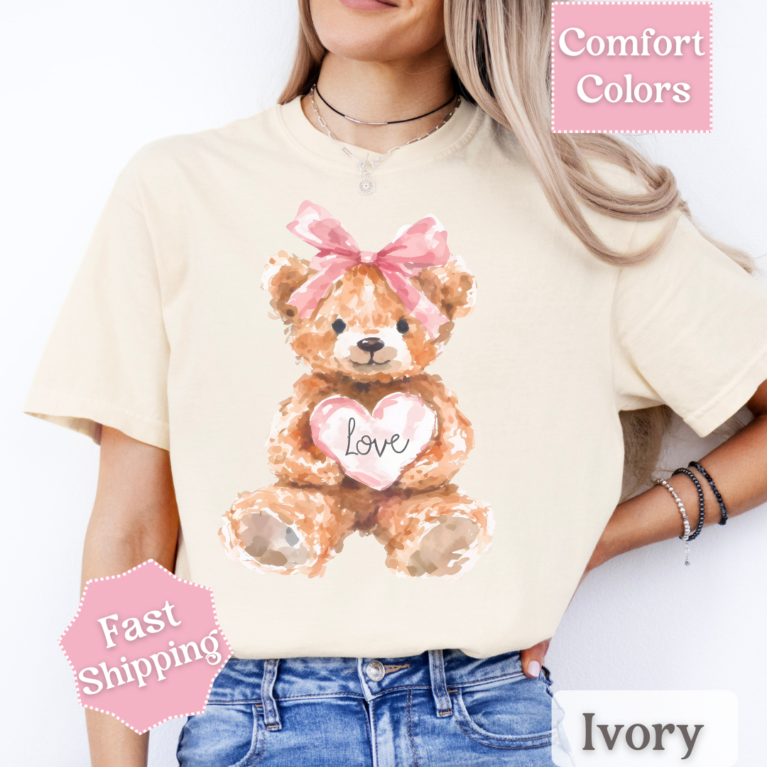 Adorable Teddy Bear T-Shirt with Coquette bow, Valentine&