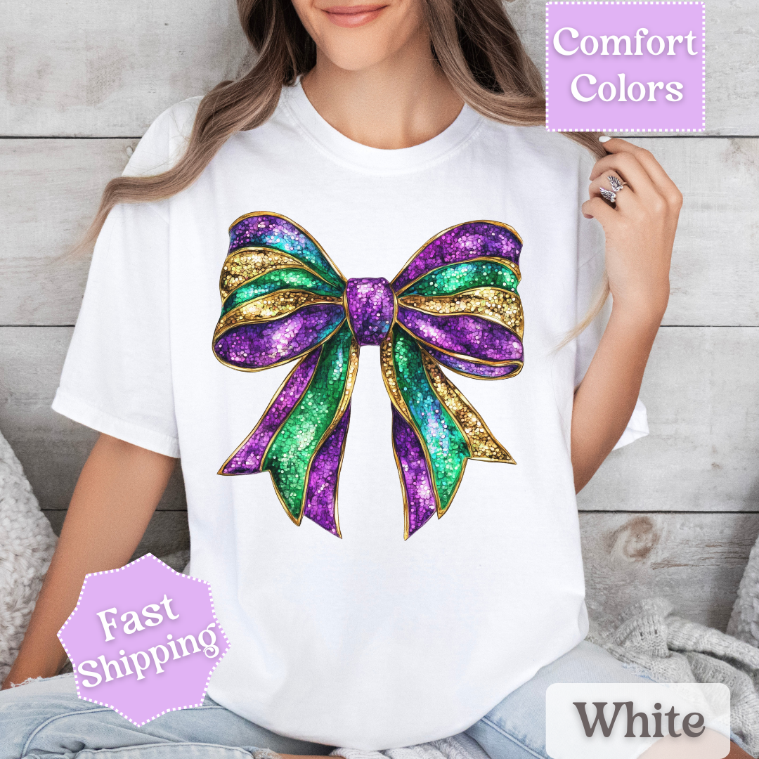 Sparkly Mardi Gras T-Shirt, Coquette Bow Mardi Gras Tee, Fat Tuesday Women&