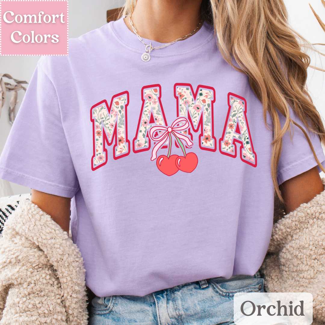 Mama Floral T-Shirt with Coquette Bow, Cherry Tee for Moms, Mom Shirt with Flowers For Women