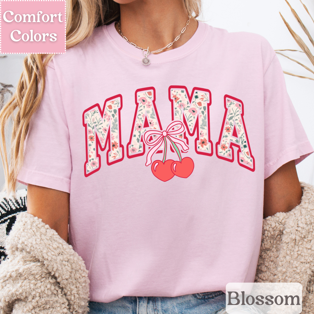 Mama Floral T-Shirt with Coquette Bow, Cherry Tee for Moms, Mom Shirt with Flowers For Women