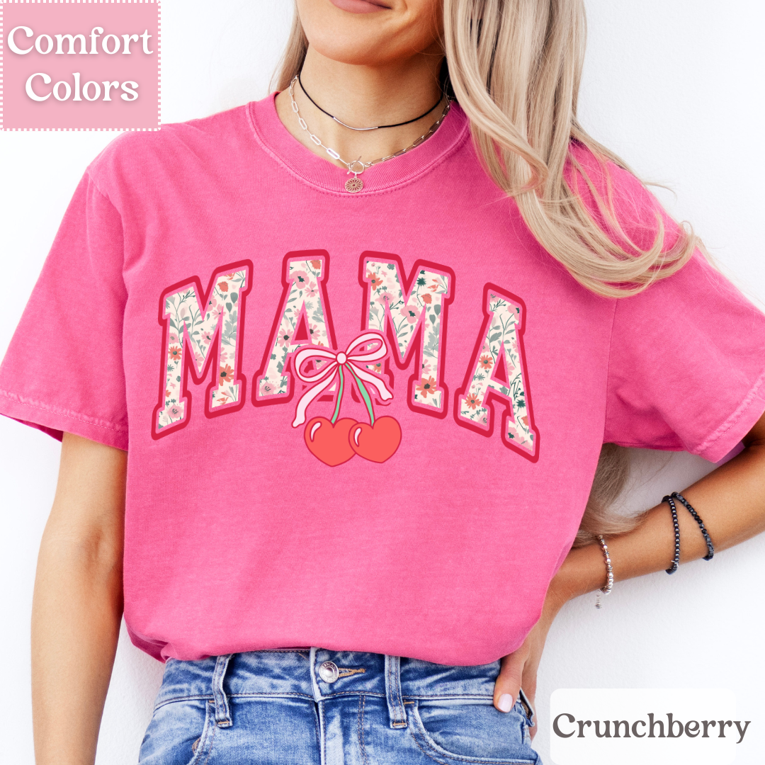 Mama Floral T-Shirt with Coquette Bow, Cherry Tee for Moms, Mom Shirt with Flowers For Women