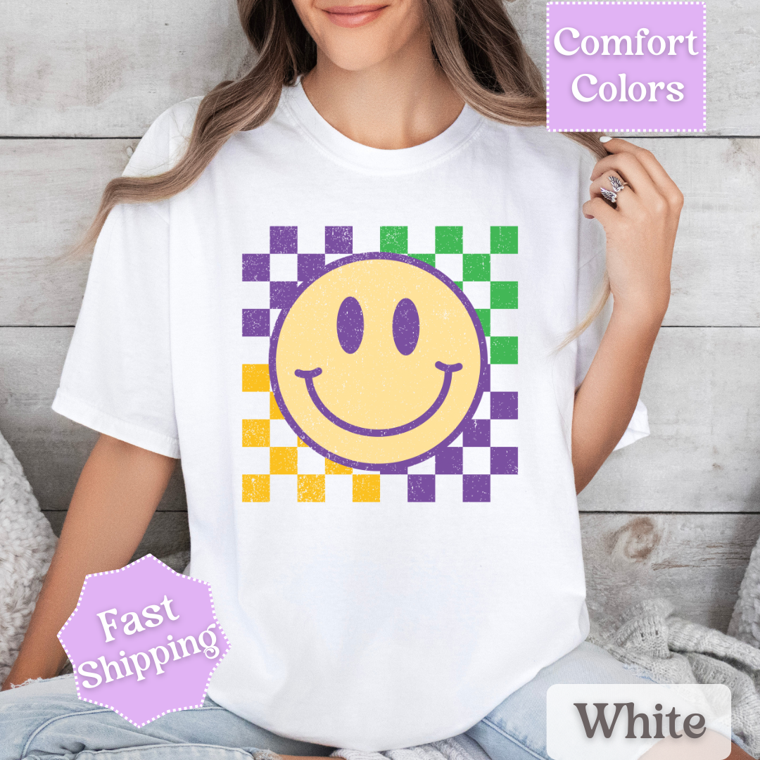 Retro Smile T-Shirt for Mardi Gras, Smiley Face Tee, Fat Tuesday Women&