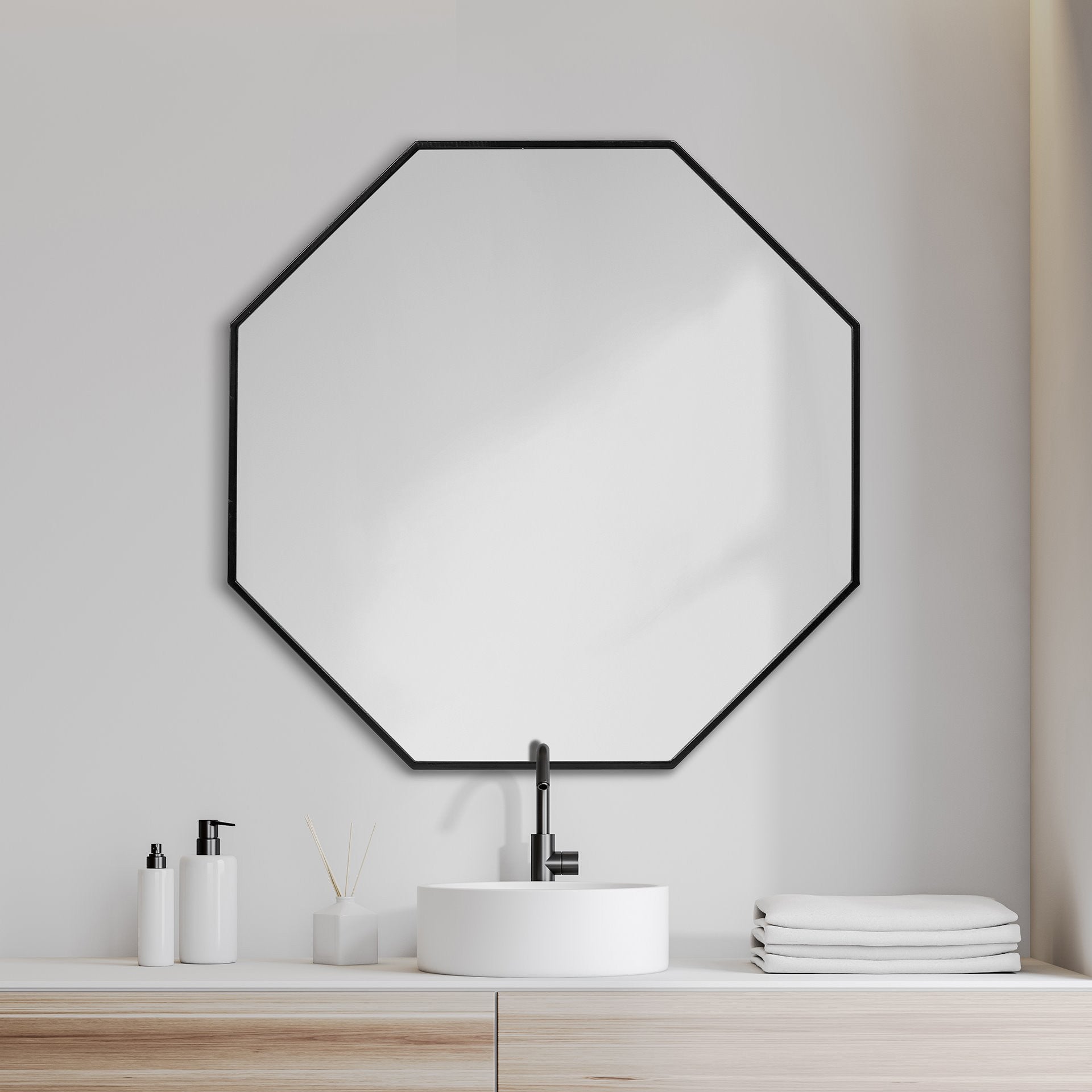 37" Octogon Black Metal Frame Wall Mirror-3