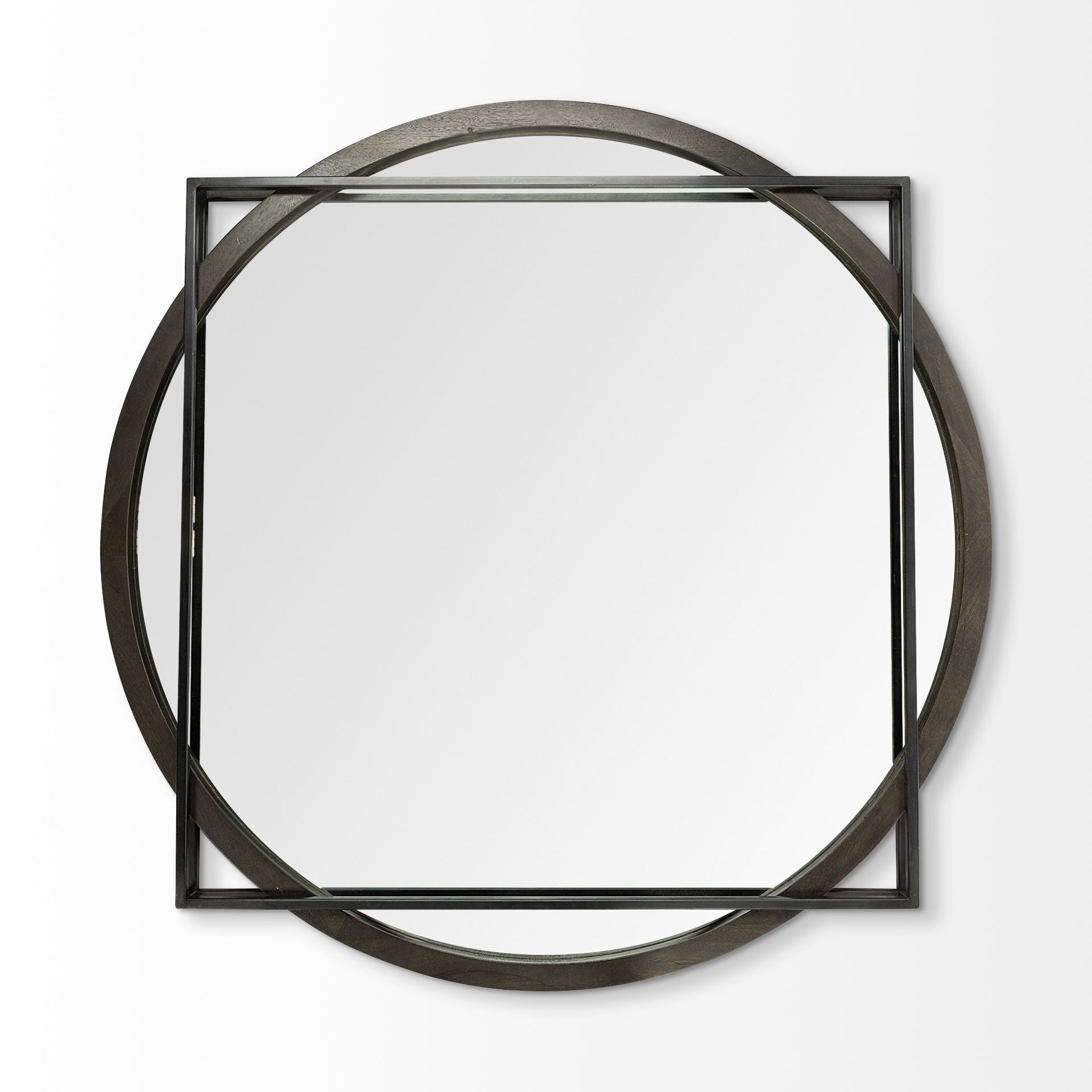 46" Round-Square Black Wood and Metal Frame Wall Mirror-1