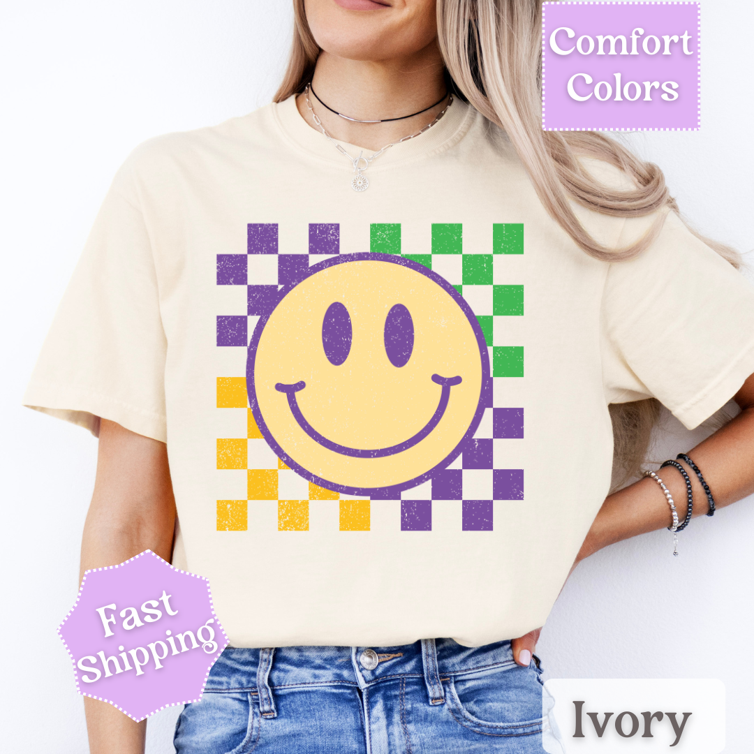 Retro Smile T-Shirt for Mardi Gras, Smiley Face Tee, Fat Tuesday Women&