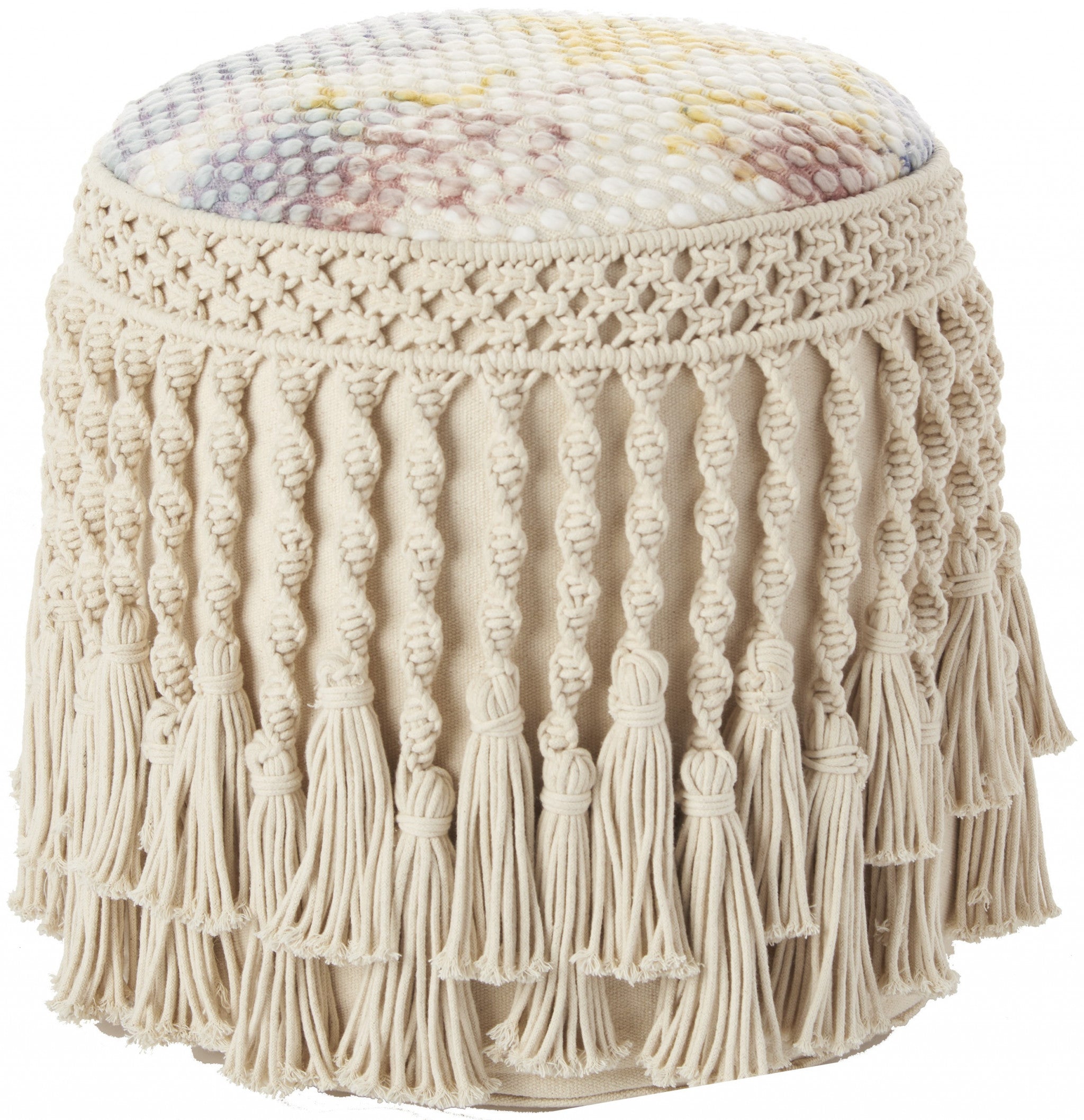 18" Boho Ivory Macrame Round Pouf Ottoman-1
