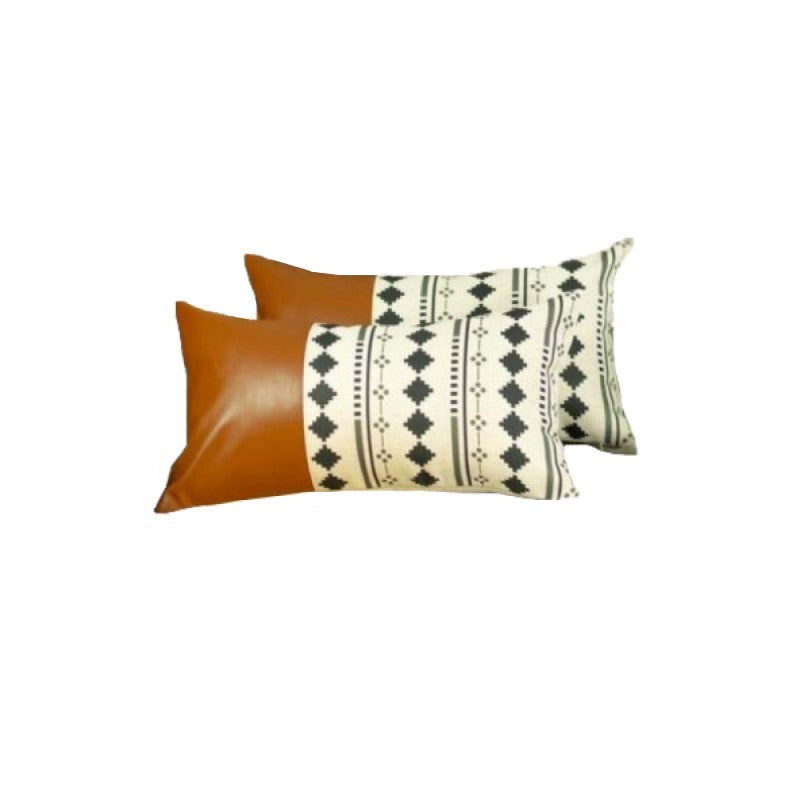 Set of 2 Diamond Patterned and Brown Faux Leather Lumbar Pillow Covers-0