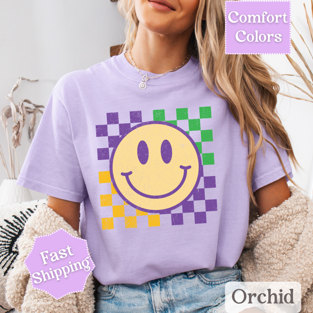 Retro Smile T-Shirt for Mardi Gras, Smiley Face Tee, Fat Tuesday Women&