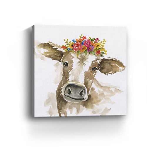 40" Watercolor Floral Cow Canvas Wall Art-2